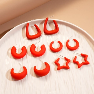 Red matte acrylic geometric earring set with five styles including C-shape and stars