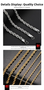 Detail view of 18K gold-plated and silver stainless steel twisted rope chain necklaces