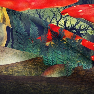 Macro shot of fine woven fabric texture on a mushroom forest tapestry with natural folds