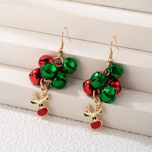 Detail of Christmas earrings with red and green bells and golden reindeer charm