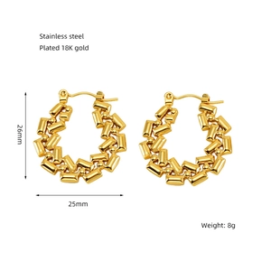 Detail view of 18K gold plated stainless steel hollow hoop earrings with size specifications