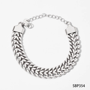 Detailed view of silver stainless steel woven chain bracelet with lobster clasp and tag