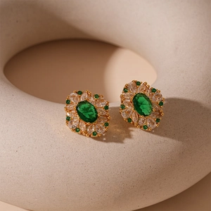 Vintage gold plated floral stud earrings with emerald green zircon and crystals