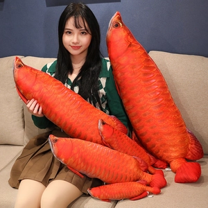 Detailed scale view showing five sizes of realistic red dragon fish plush pillow covers