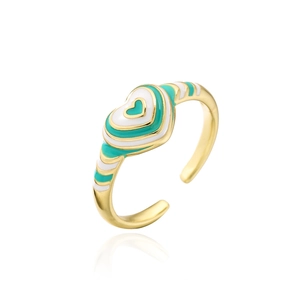 Detail of layered enamel heart ring with gold-plated trim and adjustable striped band