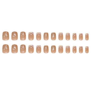 French tip shimmering nude pink press-on nails set in short square shape, 24 pieces