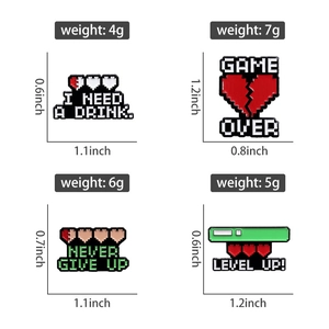Set of 4 vintage pixel game enamel pins featuring heart hearts and health bars with icons