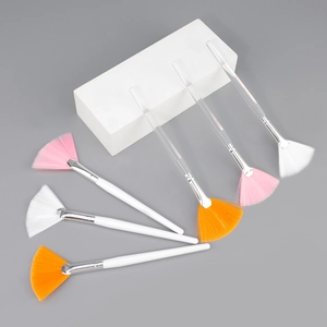 Set of 6 fan makeup brushes with colorful soft bristles and clear acrylic handles