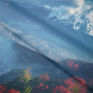 Detailed close-up showing soft texture and Mount Fuji landscape print on bohemian tapestry