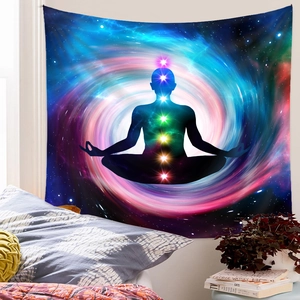 Cosmic galaxy tapestry featuring seven chakra meditation silhouette in a cozy bedroom setting