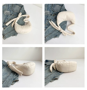 Detailed views of a beige quilted hobo bag with a decorative knotted shoulder strap