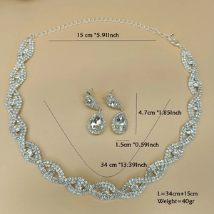 Detailed size chart for silver crystal bridal necklace and earrings set dimensions