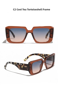 Macro detail of Y2K square sunglasses with tea-colored frames and tortoiseshell temples