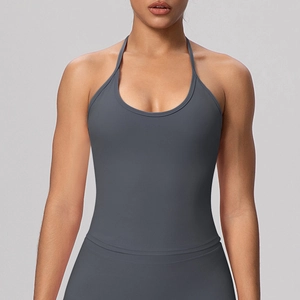 Detail of dark grey halter yoga top featuring a high-elastic matte finish and slim fit design