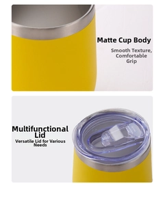 Detail of yellow matte finish on stainless steel cup with multifunctional sliding lid