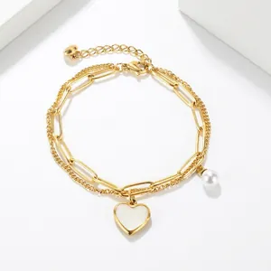 Double Layer Stainless Steel Bracelet With Heart Mother Of Artificial Pearl Pendant And Artificial Pearl Adjustable Chain For Women