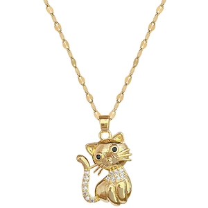 Titanium steel cat pendant necklace with white zircons and black eyes on white background