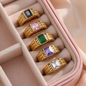 Five gold scale texture rings with square colored stones and side diamonds in pink velvet box