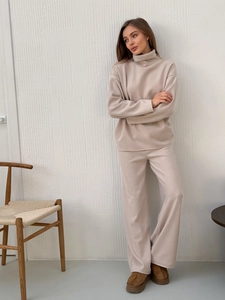 Women knit set with turtleneck long sleeve sweater and wide leg pants in sand color