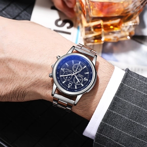 Men's blue dial quartz watch with silver stainless steel strap and business suit