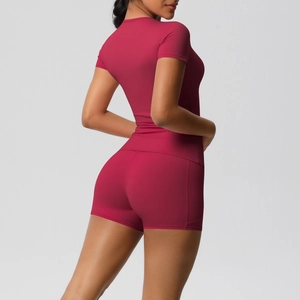 Slim fit berry red yoga set featuring a short sleeve t-shirt and high waist shorts