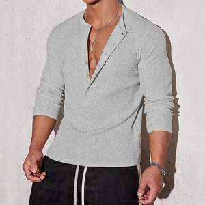 Men's light grey ribbed knit long sleeve polo shirt with vertical stripes and button collar