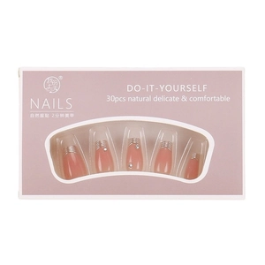 30pcs long trapezoid nude gradient press-on nails with silver stripes and rhinestones