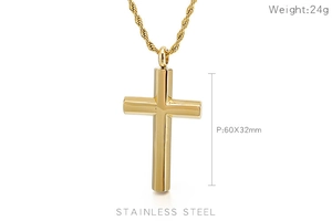 Dettaglio ciondolo croce in acciaio inossidabile dorato 60x32mm con info peso di 24g