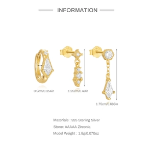 Detailed spec sheet for gold S925 sterling silver earring set with AAAAA cubic zirconia