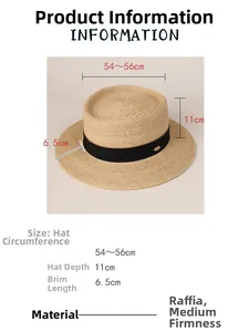 Detailed size chart for Raffia straw hat showing 56cm circumference and 6.5cm brim