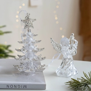 Clear acrylic Christmas tree and angel pendant set with silver glitter and hanging ropes
