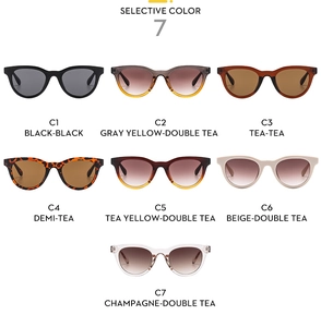 Detailed grid showing seven trendy resin sunglasses in diverse colors and gradient lenses