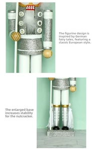 Detail of 40cm silver glitter nutcracker featuring a widened stable wooden base
