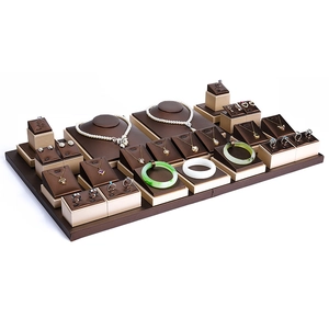 Premium dark coffee and beige leather jewelry display set for necklaces and rings