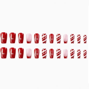24pcs Christmas theme press-on nails with red snowflakes and candy cane patterns