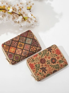 Vintage cork-textured short wallets for women with floral and geometric patterns