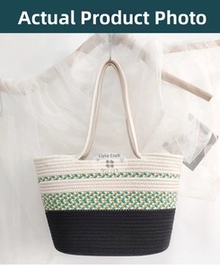 Macro detail of tricolor cotton rope woven tote bag with intricate textured knit pattern