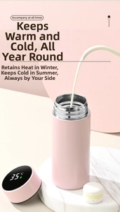 Detail view of pink smart thermos lid showing the 35°C LED temperature display