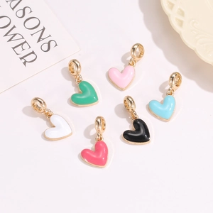 Colorful heart-shaped enamel charms with gold rings for DIY jewelry and necklaces