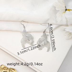 Detail view showing dimensions of silver goldfish dangle earrings with hollow metalwork