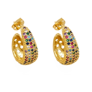 Luxurious gold-plated C-shaped earrings with colorful cubic zirconia in a bohemian style