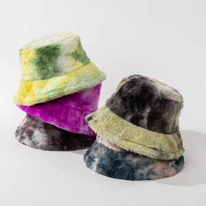 Tie-Dye Faux Fur Bucket Hat Warm Plush Winter Streetwear Unisex Windproof Soft Outdoor Sun Basin Cap