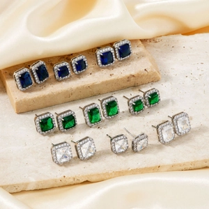 Vintage Copper Square Gemstone Stud Earrings For Women Rhinestone Halo Geometric Earrings Elegant Fashion Jewelry Accessories