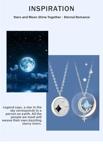 Detailed view of 925 silver star and moon necklaces with black and blue gems
