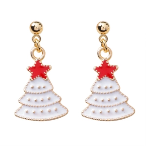 Golden Christmas tree earrings with white enamel finish and red star festive accents