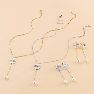 Fashionable round LOVE letter tassel pearl necklace and earrings jewelry set in gold and silver