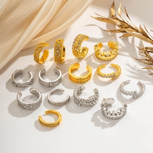 Minimalist gold and silver U-shaped ear cuffs with micro-pave zircons for non-pierced ears