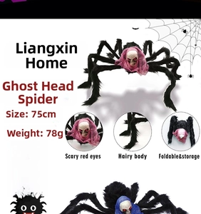 75cm Halloween hairy spider with skull head and red eyes for haunted house decor