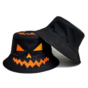 Set of two black Halloween bucket hats featuring orange jack-o'-lantern face embroidery
