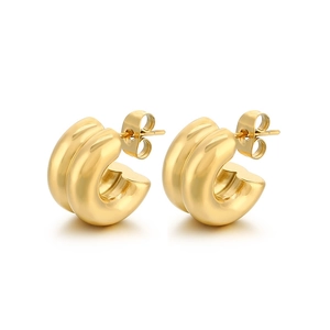 Elegant two-tone gold and silver C-shaped stainless steel earrings on white background